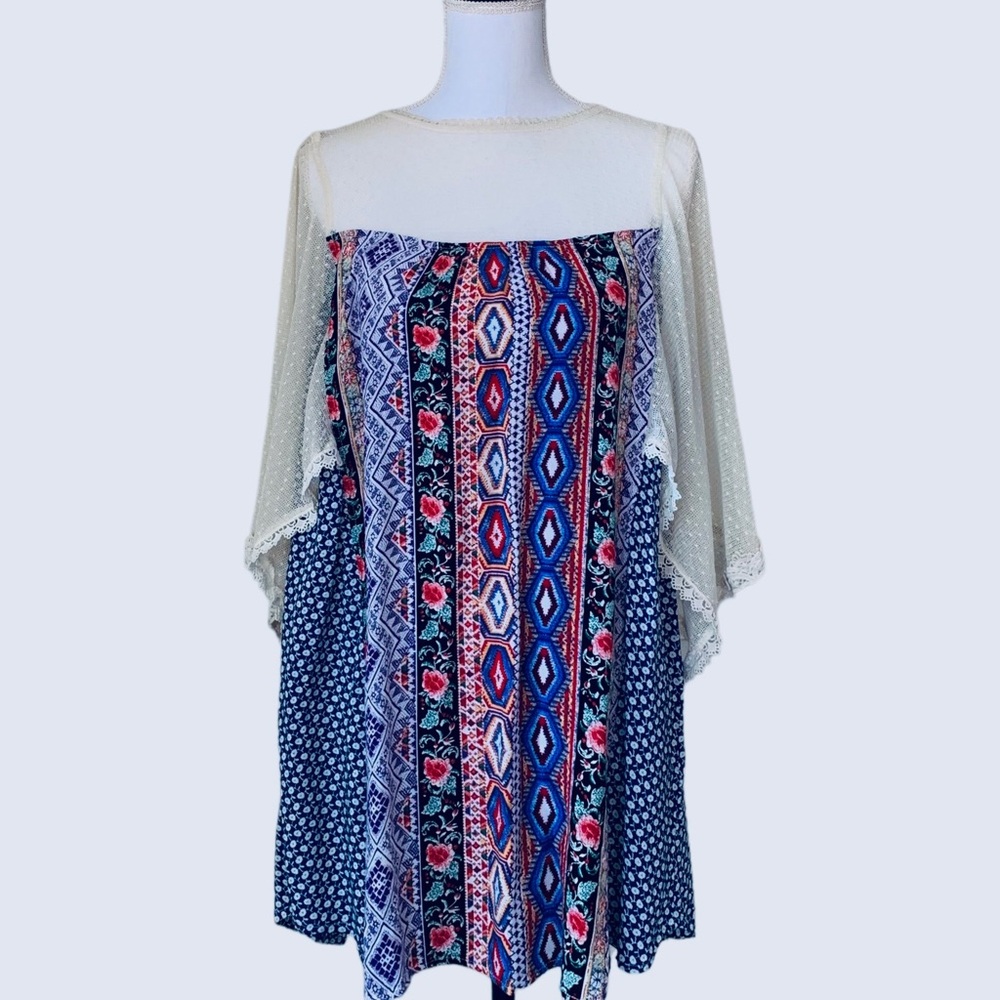 UMGEE TRIBAL PRINT LACE SLEEVE TUNIC DRESS